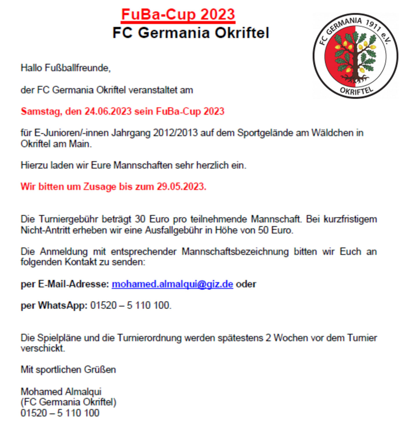 FuBa Cup 2023 für EJugend Mannschaften FC Germania Okriftel